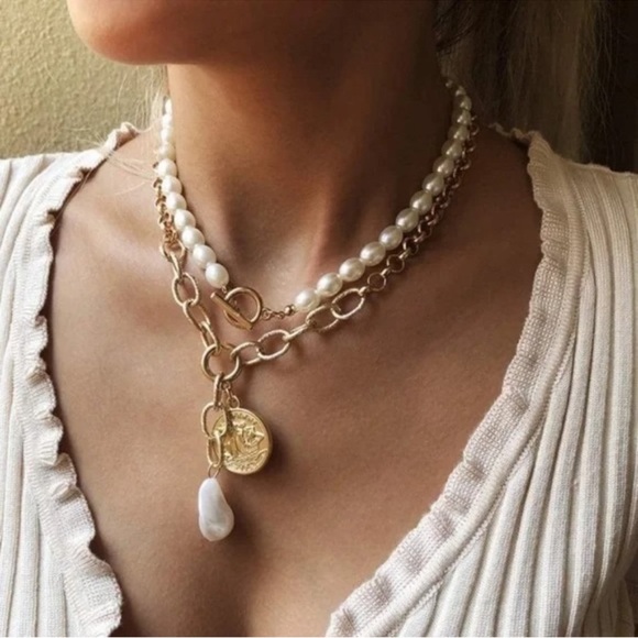 Free People Jewelry - Layered Boho Necklace Charm Pearl Gold Tone Chain